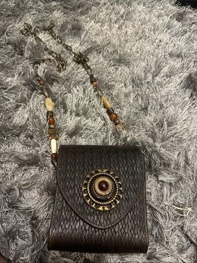 Vintage Leatherock Dark Brown Woven Crossbody with Beaded Chain and Medallion